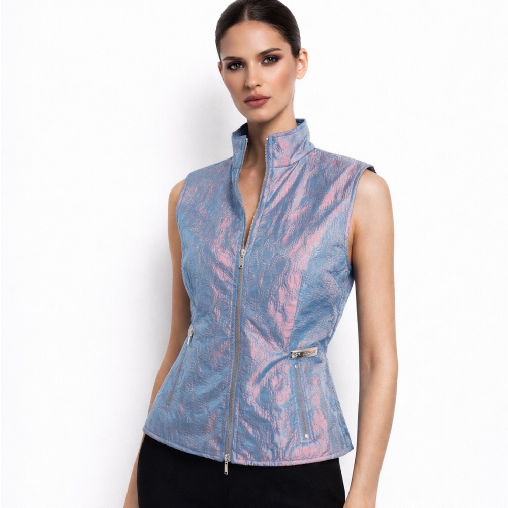 ST. JOHN iridescent reversible embroidered Blue and Pink Patterned Vest